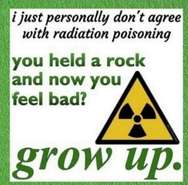 May be an image of text that says 'i just personally don't agree with radiation poisoning you held a rock and now you feel bad? grow up.'