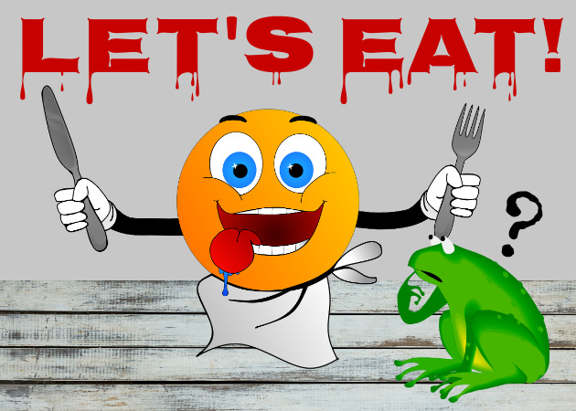 Graphic of a smiley emoji holding a knife and fork, looking at a frog, with the text, "Let's eat!"