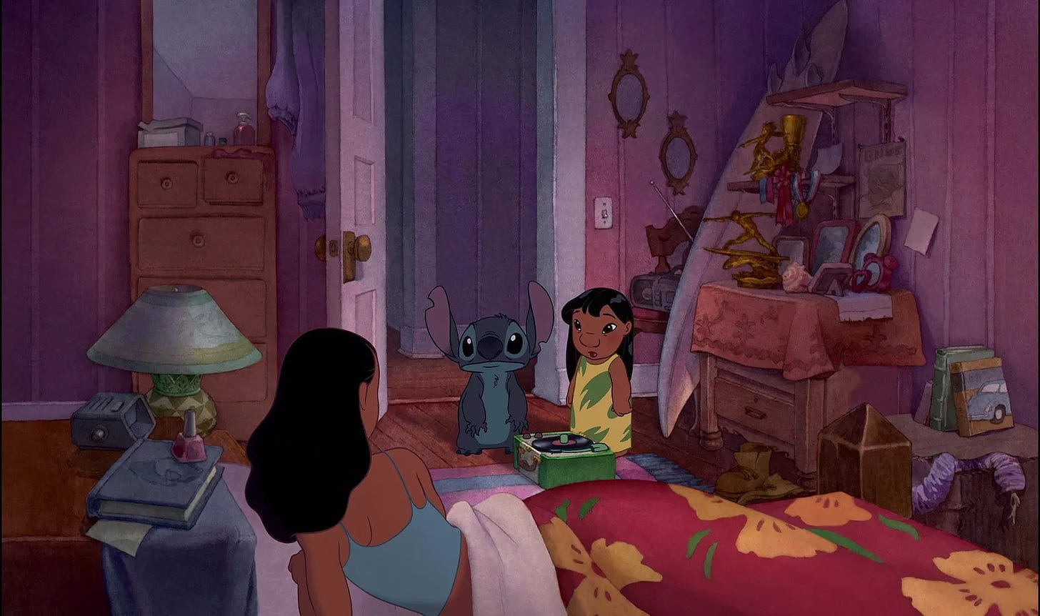 Lilo and Stitch waking Nani up in her room to play her Elvis music.