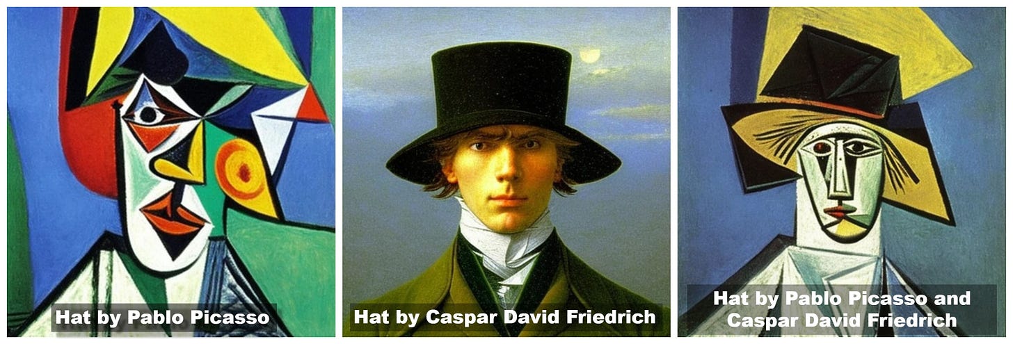 AI drawing of a hat by Picasso, David Friedrich, and a mix of the two