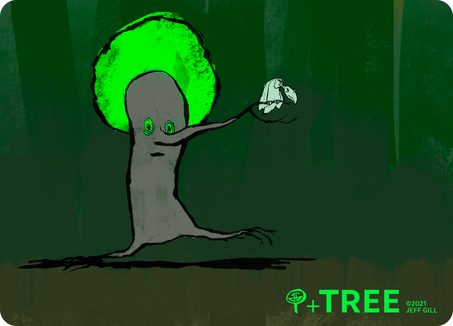 An illustration of a tree walking on its root legs in a dark forest. What appears to be a ghost vulture is perched on the tree’s branch nose.