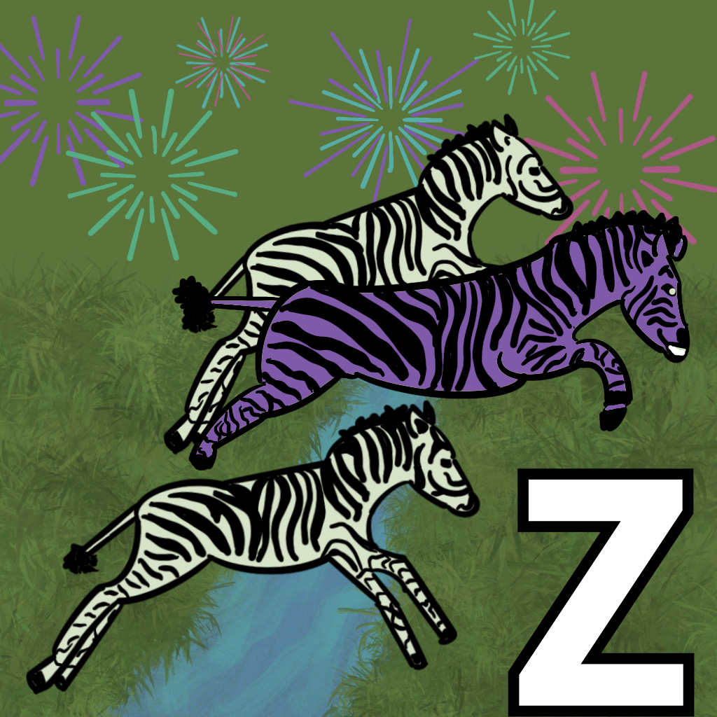 Three zebras, one purple one, are jumping over a river with fireworks in the background