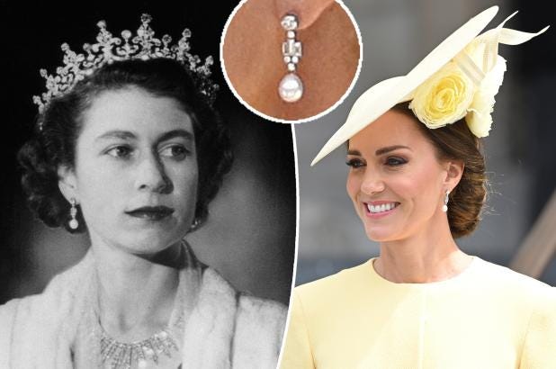Kate Middleton honored Queen Elizabeth at the Thanksgiving celebrations during the Platinum Jubilee by wearing Her Majesty's Bahrain pearl drop earrings.