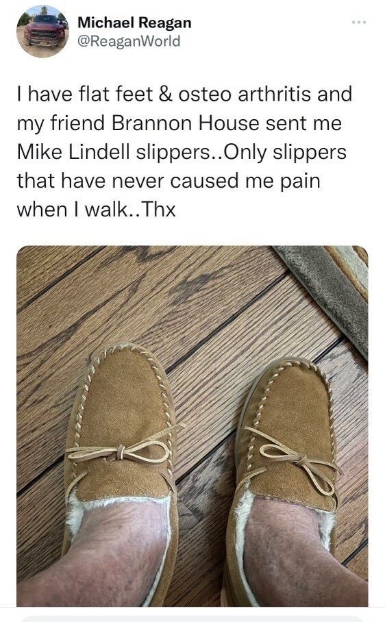 May be an image of footwear and text that says 'Michael Reagan @ReaganWorld I have flat feet & osteo arthritis and my friend Brannon House sent me Mike Lindell slippers..Only slippers that have never caused me pain when I walk..Thx'