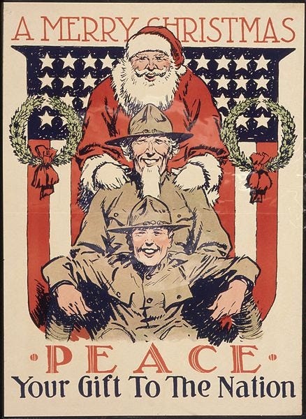 A WW2 propaganda poster of soldier sitting between Uncle Sam's legs who is in turn sitting between Santa's legs