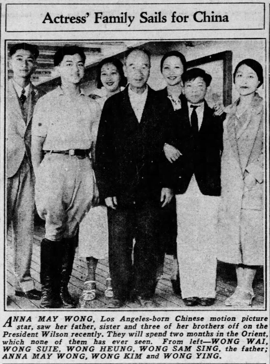 newspaper clipping from the St. Louis Post-Dispatch, August 13, 1934 that includes a photo of the Wong clan from left to right: Frank Wong, Roger Wong, Mary Wong, Wong Sam Sing, Anna May Wong, Richard Wong, and Lulu Wong