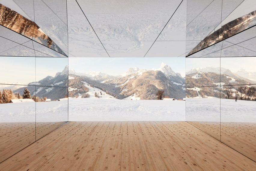 Mirage Gstaad mirrored building art installation by Doug Aitken in Switzerland from inside