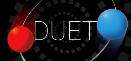 Arte do jogo. Ao centro, o nome do jogo Duet em branco. Em volta dele, os círculos vermelho e azul com uma sombra indicando movimento.