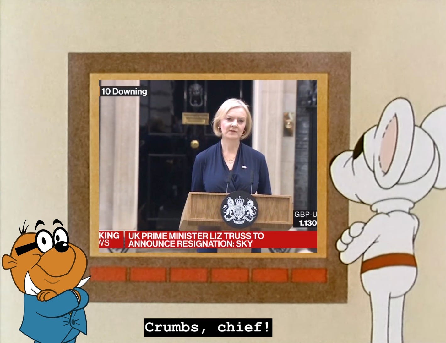 Danger Mouse and Penfold watch Liz Truss resign, as Penfold says his immortal catchphrase: "Crumbs, chief!" Did you know Penfold's first name is Ernest?