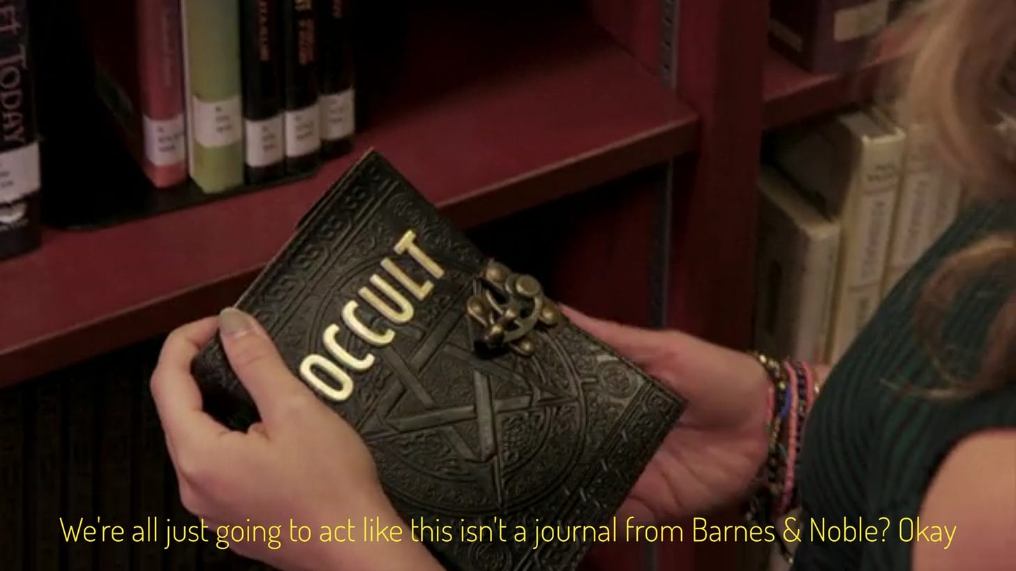 A leather-bound book with a pentagram design and an elaborate but nonfunctional lock, titled OCCULT, captioned "We're all just going to act like this isn't a journal from Barnes & Noble? Okay"