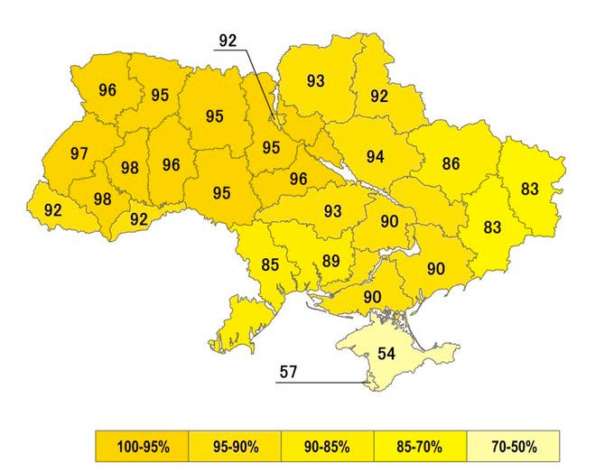 Support for Ukrainian independence by oblast in the 1991 referendum