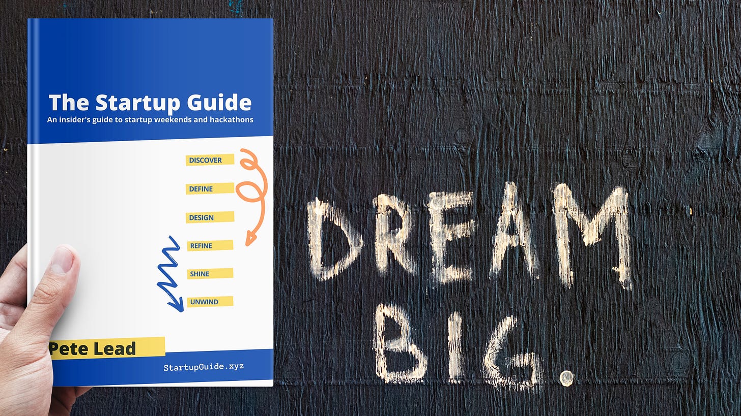 The Startup Guide book cover in front of a "Dream Big" sign