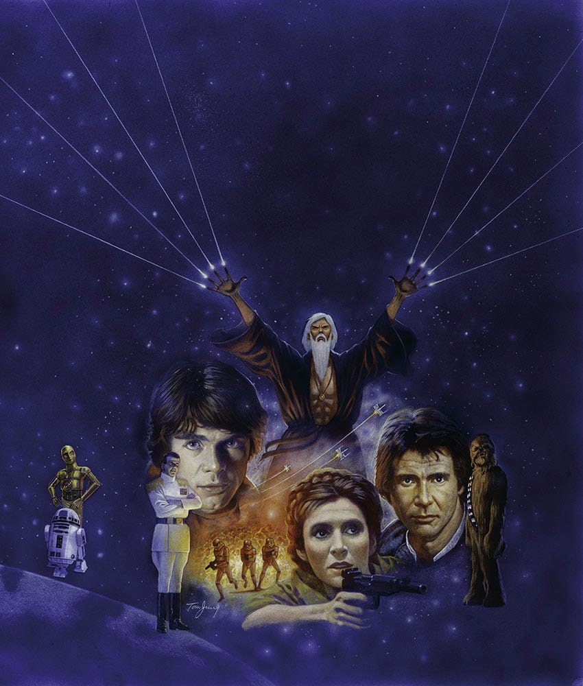 Cover of Heir to the Empire. Depictions of Luke, Leia, Han, Chewbacca, C-3P0 and R2-D2 accompany newer characters on a field of stars. The white uniformed, blue skinned Grand Admiral Thrawn stands haughtily near a squad of 3 stormtroopers, while the bare chested, white bearded Jedi Master C'Baoth has beams of light spring from his finger tips. 3 small X-Wings arc around his waist.