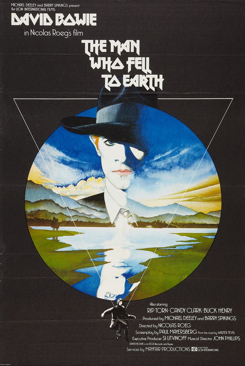 Pôster de “The Man Who Fell to Earth”, filme de 1976 de Nicolas Roeg e estrelado por David Bowie.