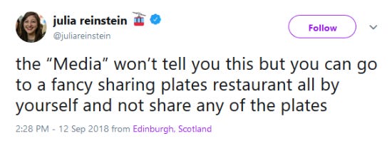 Funny tweet about shared plates