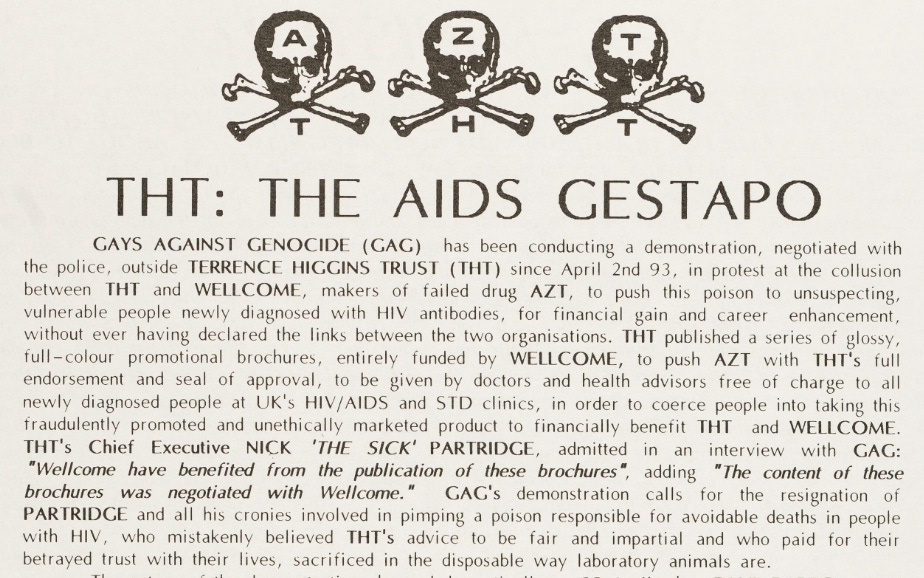 leaflet headed with skulls with AZT within them, called 'THT: THE AIDS GESTAPO'. Text depicts a protest that GAG has been conducting against THT and how GAG has been treated by the police.