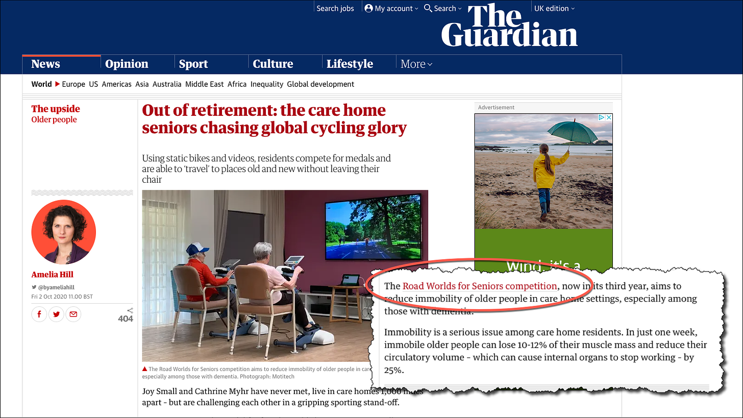 Road Worlds for Seniors Competition earns coverage and media backlink from the Guardian.