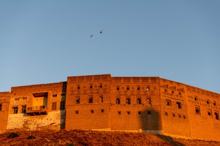 Erbil Citadel in the Kurdistan region of Iraq at sunset.