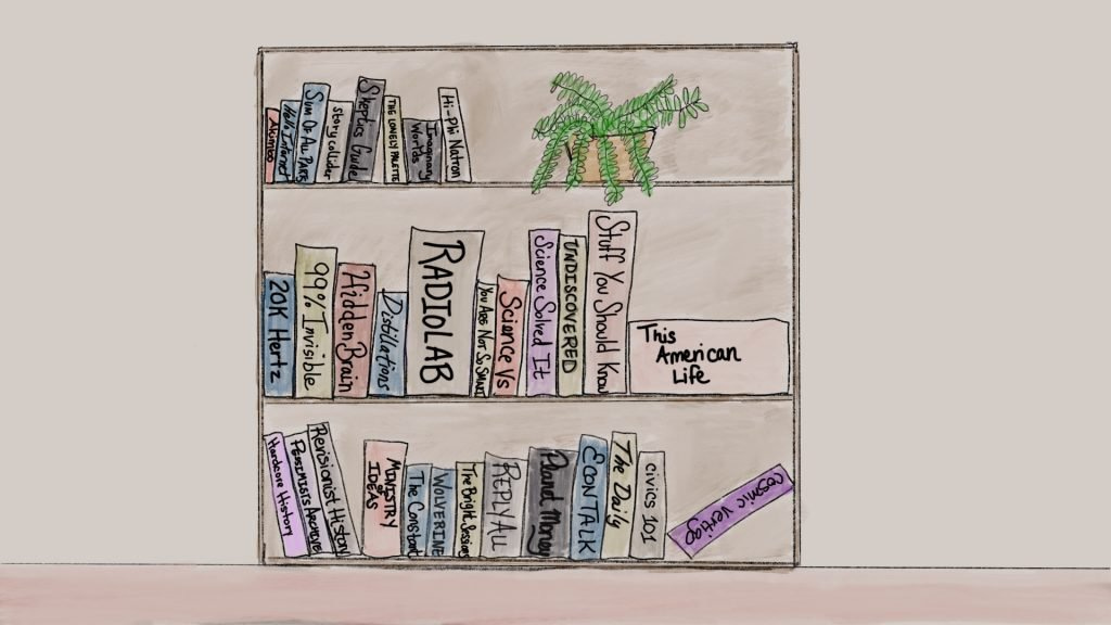 Drawing of bookcase with podcast titles for books
