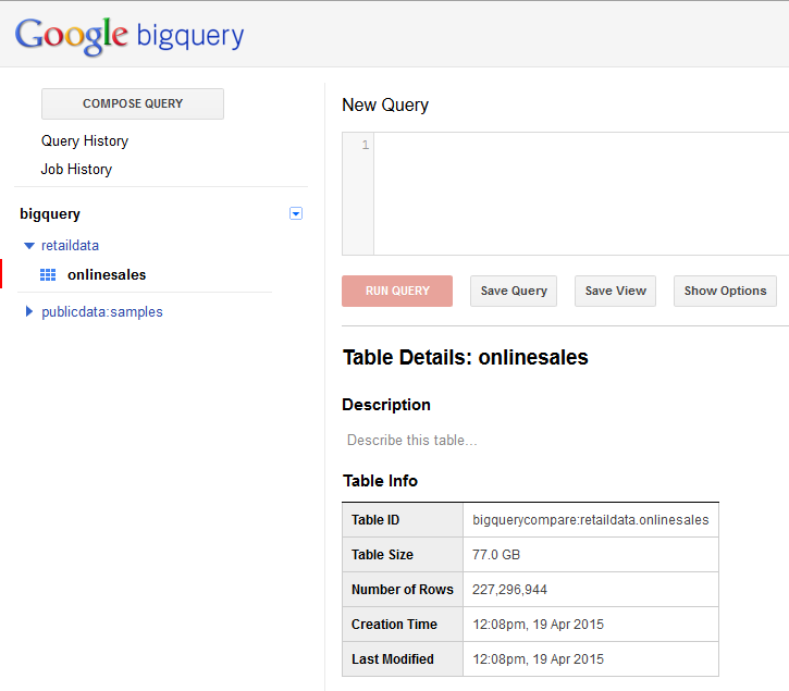 BigQuery OnlineSales Table Detail