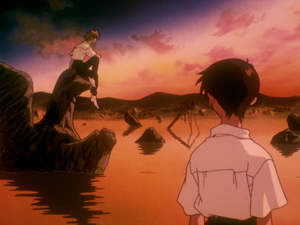 Shinji meeting Kaworu at the shore.