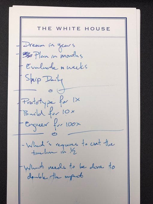 White letterhead card with "The White House" printed at the top. On the card, DJ Patil had written the following words in blue pen: "Dream in years, Plan in months, Evaluate in weeks, Ship daily. Prototype for 1x, Build for 10x, Engineer for 100x. What's required to cut the timeline in half? What needs to be done to double the impact?"