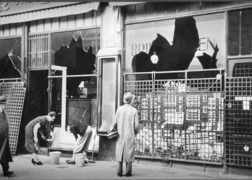 Photo after Kristallnacht showing broken windows