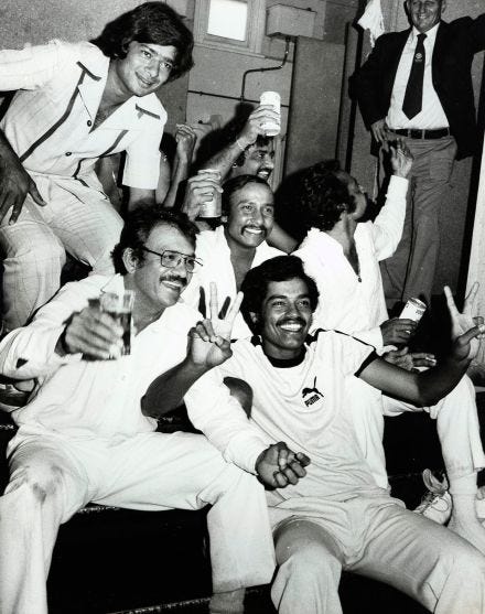 Ashok Mankad and Dilip Vengsarkar celebrate India's Test win in Australia