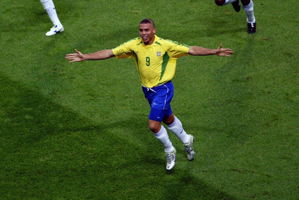 Ronaldo Nazario celebrates a Brazil goal