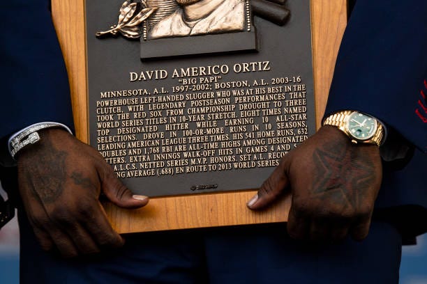 Hall of Fame Class of 2022 Inductee David Ortiz poses for a photograph after being presented with his plaque during the induction ceremony during the...