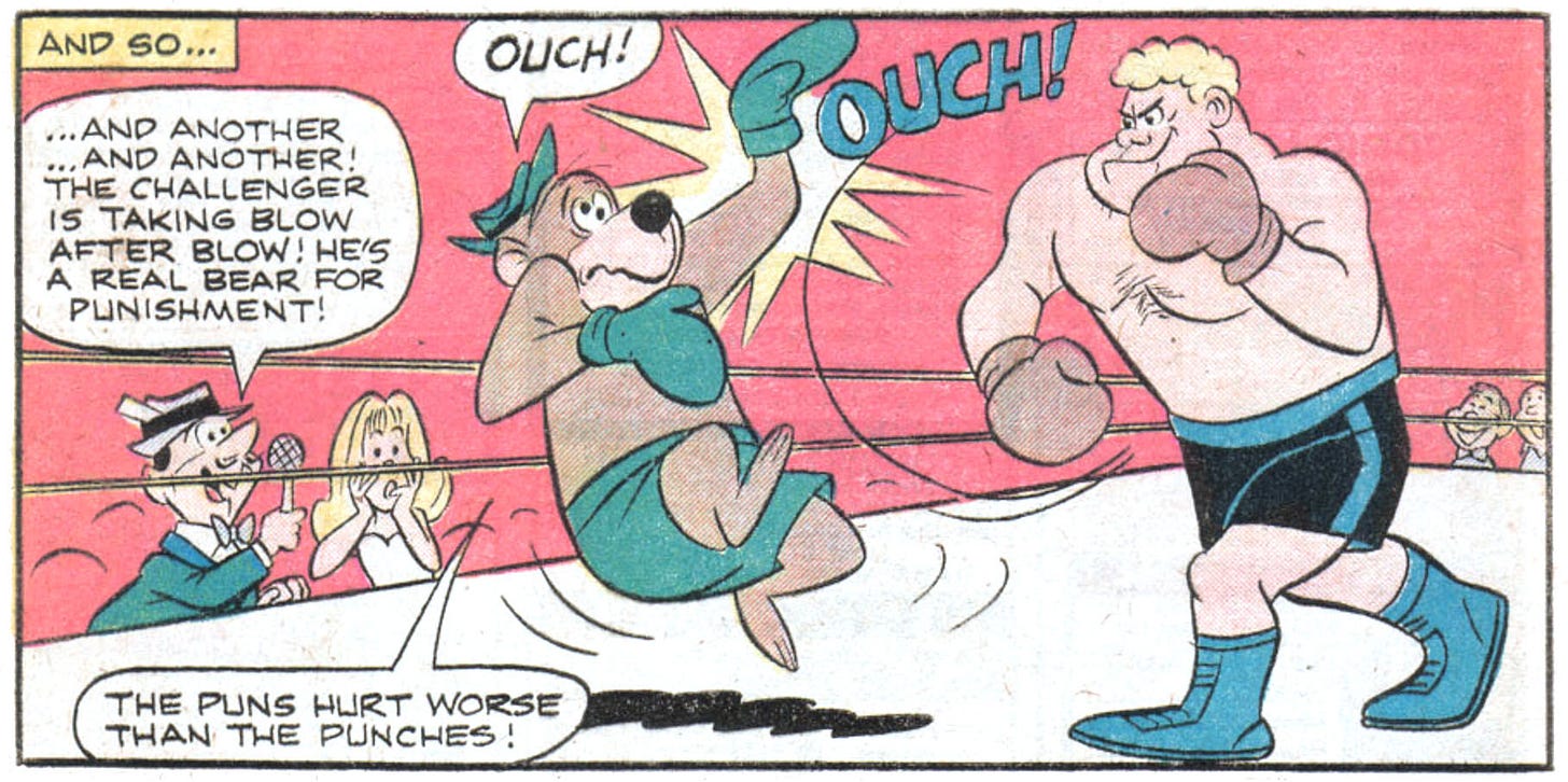 In a panel from this issue of Yogi Bear, Yogi takes a punch in the boxing ring