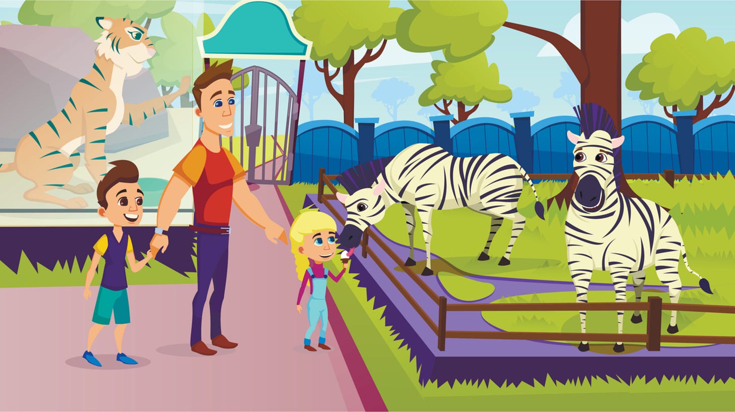 Father with Little Kids Visiting Animal Park, Children Feeding Zebra with Ice Cream in Zoo, Happy Family Excursion, Summer Time Vacation Activity, Leisure, Outdoors. Cartoon Flat Vector Illustration