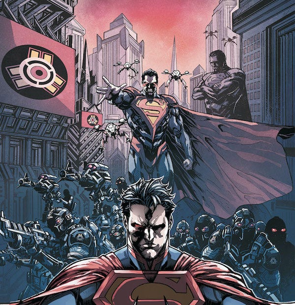 Dans une histoire alternative, Superman, persuadé d’être le seul à même d’apporter une paix « véritable et durable », se transforme en dictateur... Injustice : Gods Among Us (DC Comics)