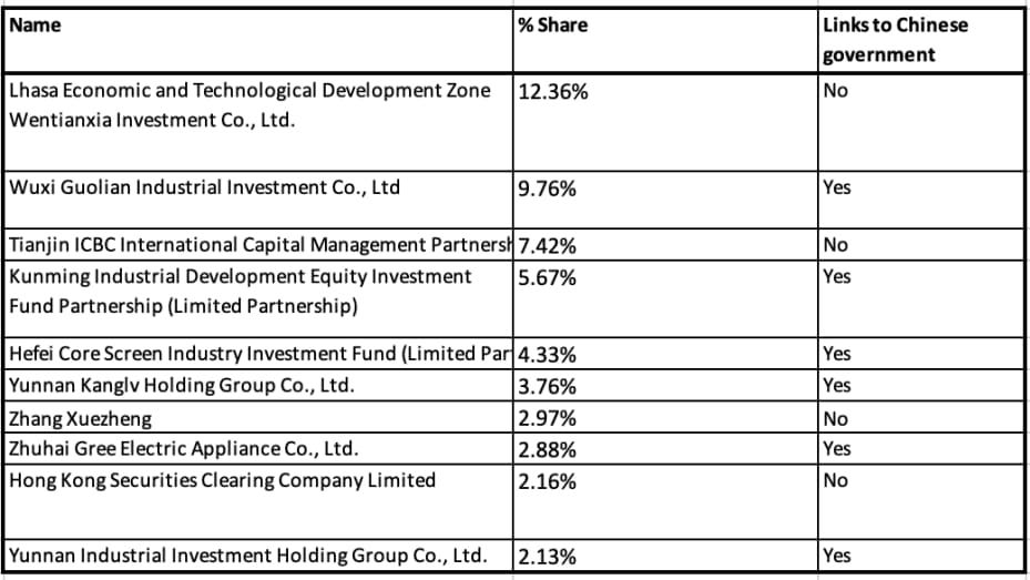 Datenna analysis of Wingtech's 10 largest shareholders.