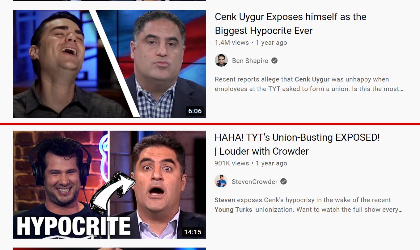 Examples Of How Right Wing Hosts Made Videos About Cenk Uygur's Union Busting Hypocrisy