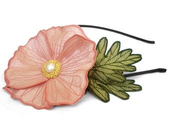 Blushing Pink Icelandic Poppy Flower Headband- You Choose Headband, Clip, or Brooch- Embroidered Silk Flower Fascinator with Leaves