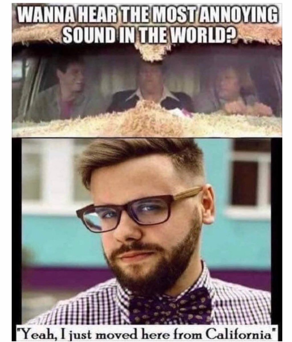 May be an image of 1 person, beard and text that says 'WANNA HEAR THE MOST ANNOYING SOUND IN THE WORLD? "Yeah, I just moved here from California'