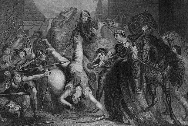 The death of Wat Tyler', 1859. Tyler was a leader of the 1381 Peasants' Revolt in England, which saw a group of rebels march on London to oppose the institution of a poll tax and demand economic and social reforms. He was killed by officers loyal to King Richard II during negotiations at Smithfield, London. (Photo by Print Collector/Getty Images)