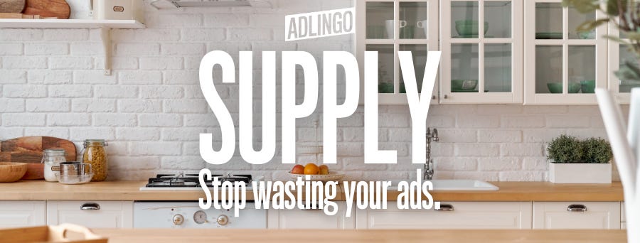 Supply: Stop wasting your ads. Text over photo of a white kitchen.