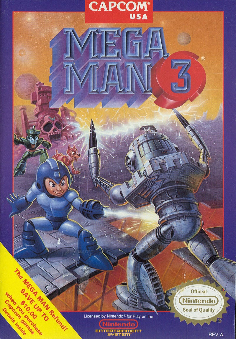 Mega Man 3's box art, which looks different from Dr. Wily's Revenge in the sense that it's the original with more going on in it.