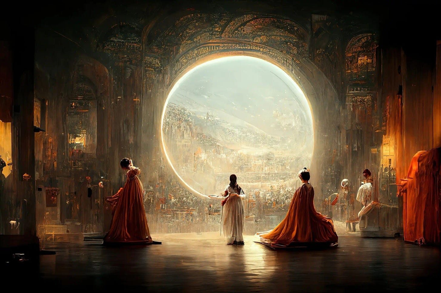 An AI generated scene showing robed figures in a hall, with a brightly-lit circular opening that shows a city beyond.