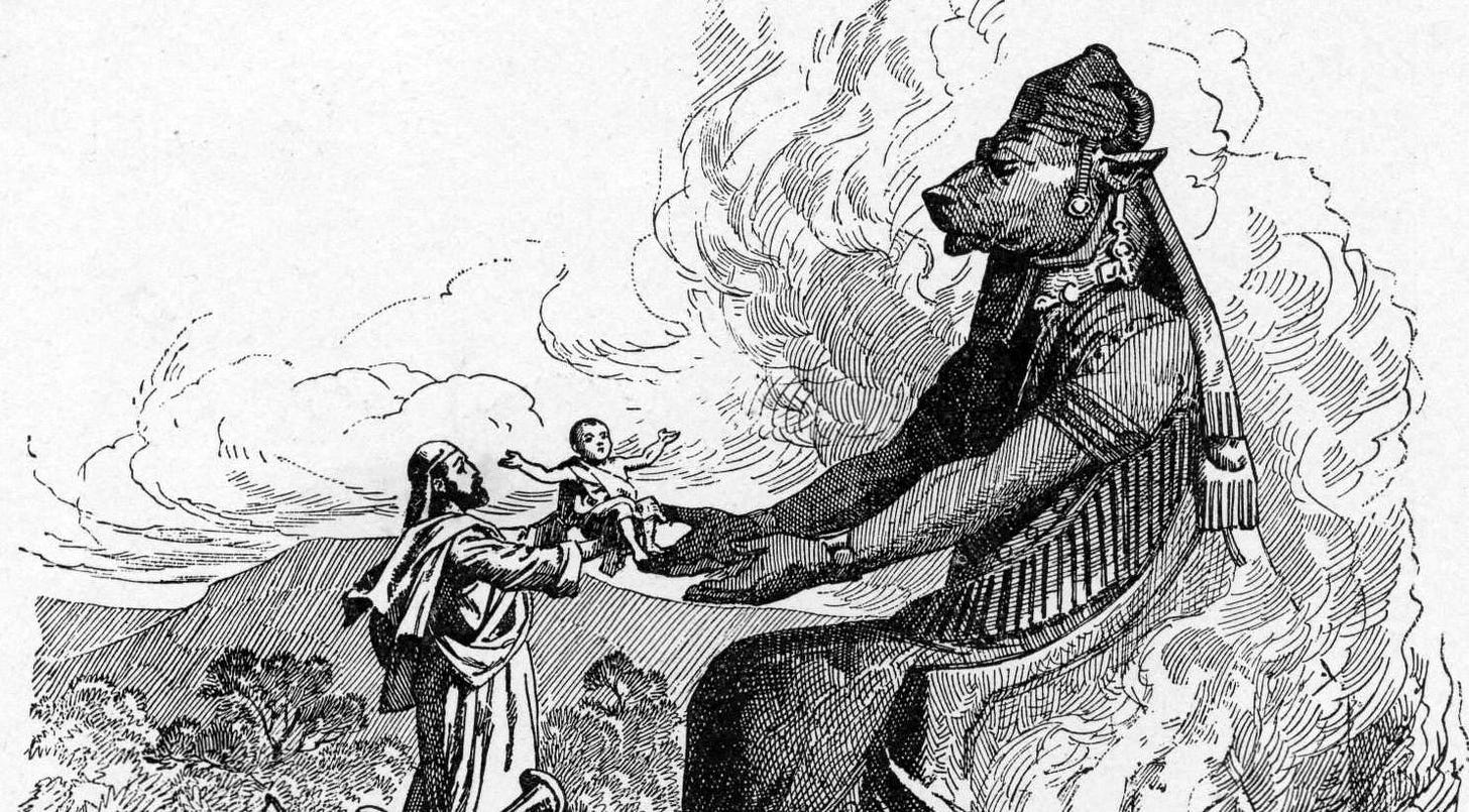 A person offering a child to the burning hands of a Moloch idol.