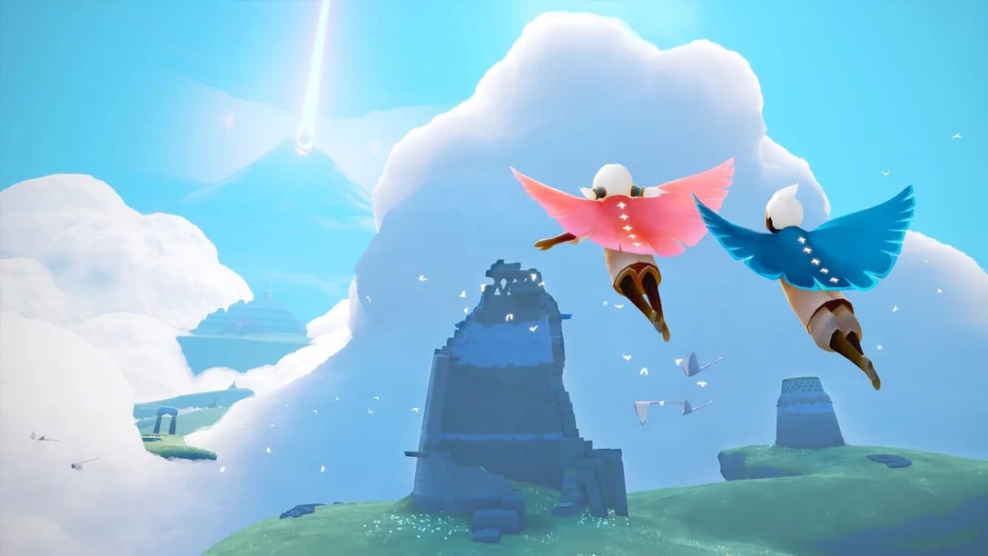 Frame do jogo Sky, com duas crianças voadoras, uma de capa vermelha, outra de capa azul, sobrevoando um cenário com torres destruídas, pássaros brilhantes e nuvens no horizonte