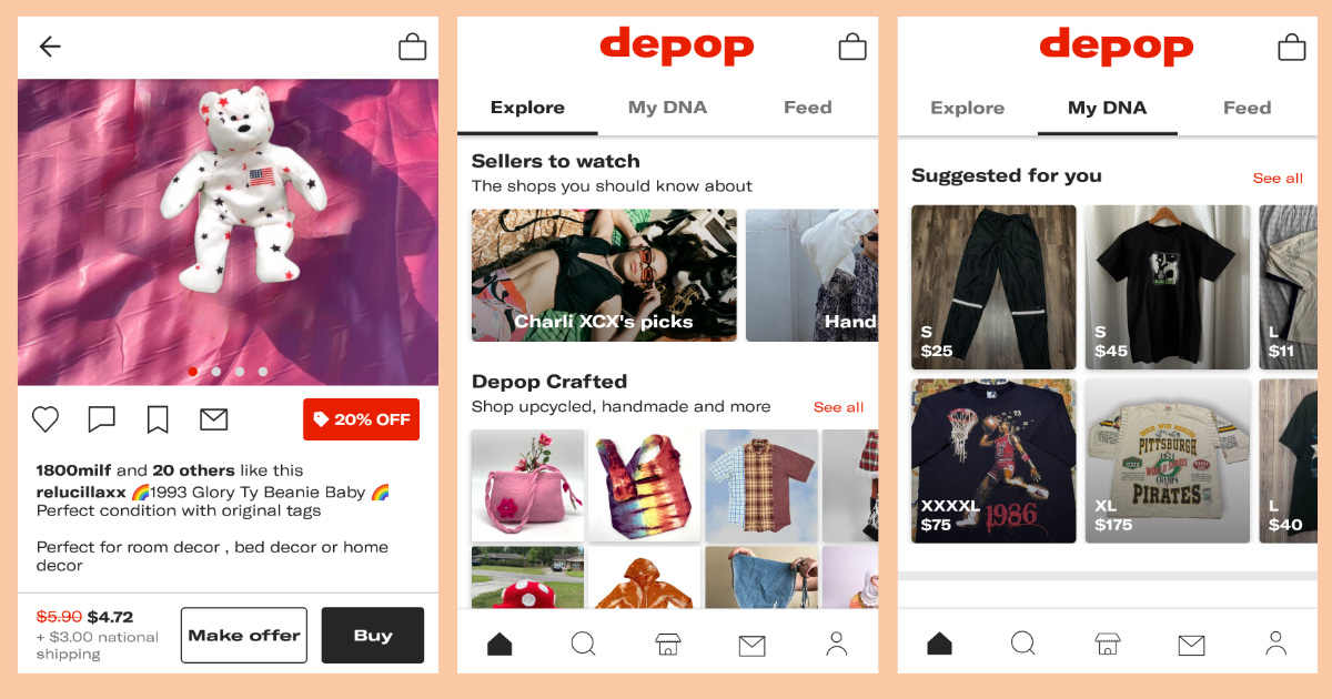 Three screenshots of the Depop app: A 1993 Beanie Baby for sale, the Explore page, and the My DNA page