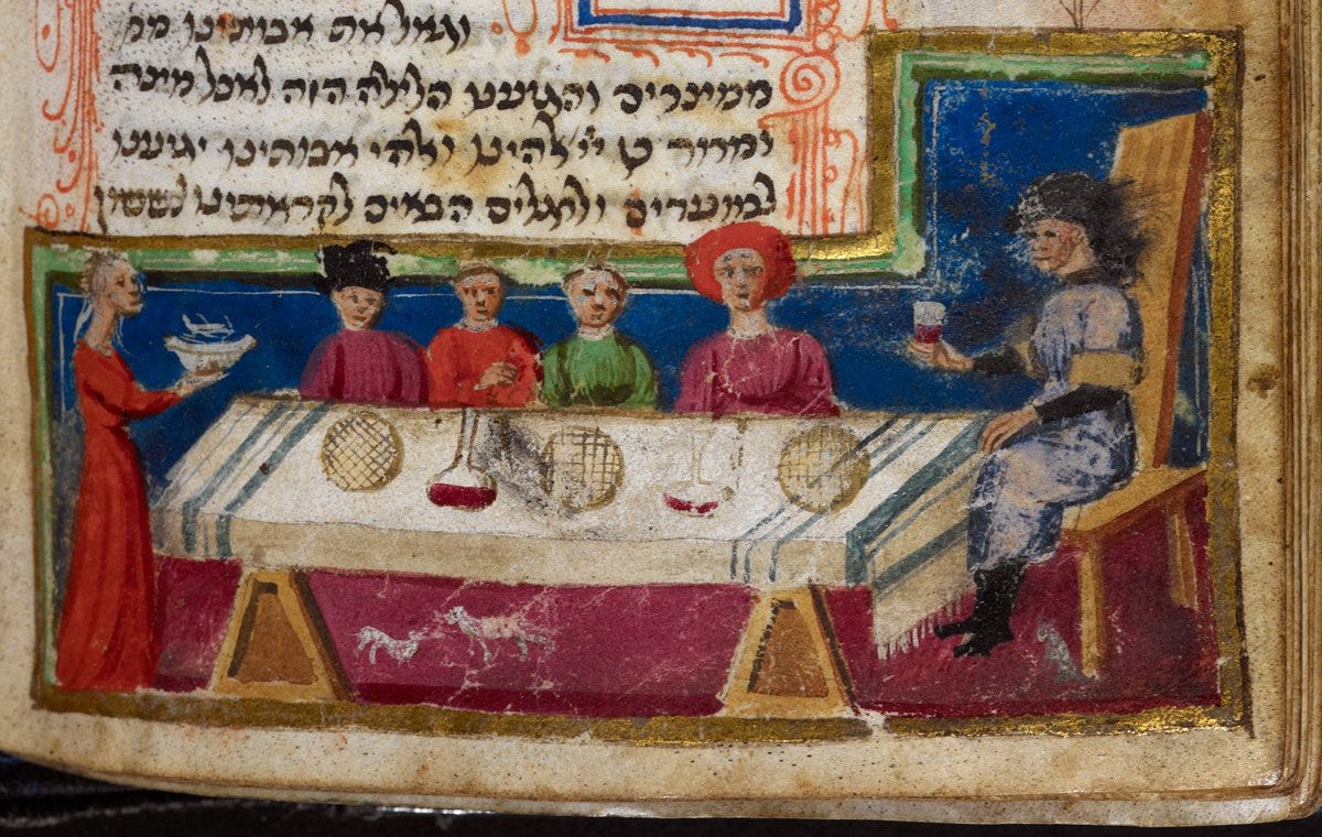 Emily Steiner on Twitter: "Medieval Passover Seder (with cats under the  table) Forli Siddur, Italy, 1383 (London, BL, MS Add. 26968) #Seder  #Passover2017… https://t.co/83ChZCrPdS"