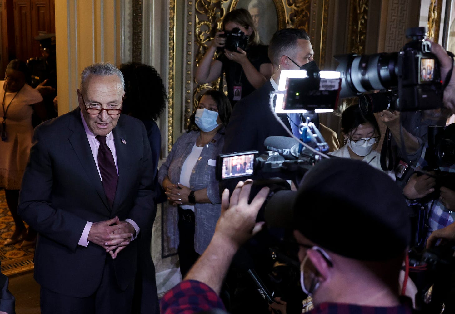 U.S. Senate Majority Leader Charles Schumer (D-NY) spoke to reporters outside of the Senate chamber at the U.S. Capitol on May 11, 2022 in Washington, DC. The Democrats failed to advance a bill that would codify and expand abortion rights, with all Republicans and Sen. Joe Manchin (D-WV) opposing the measure. (Photo by Kevin Dietsch/Getty Images)