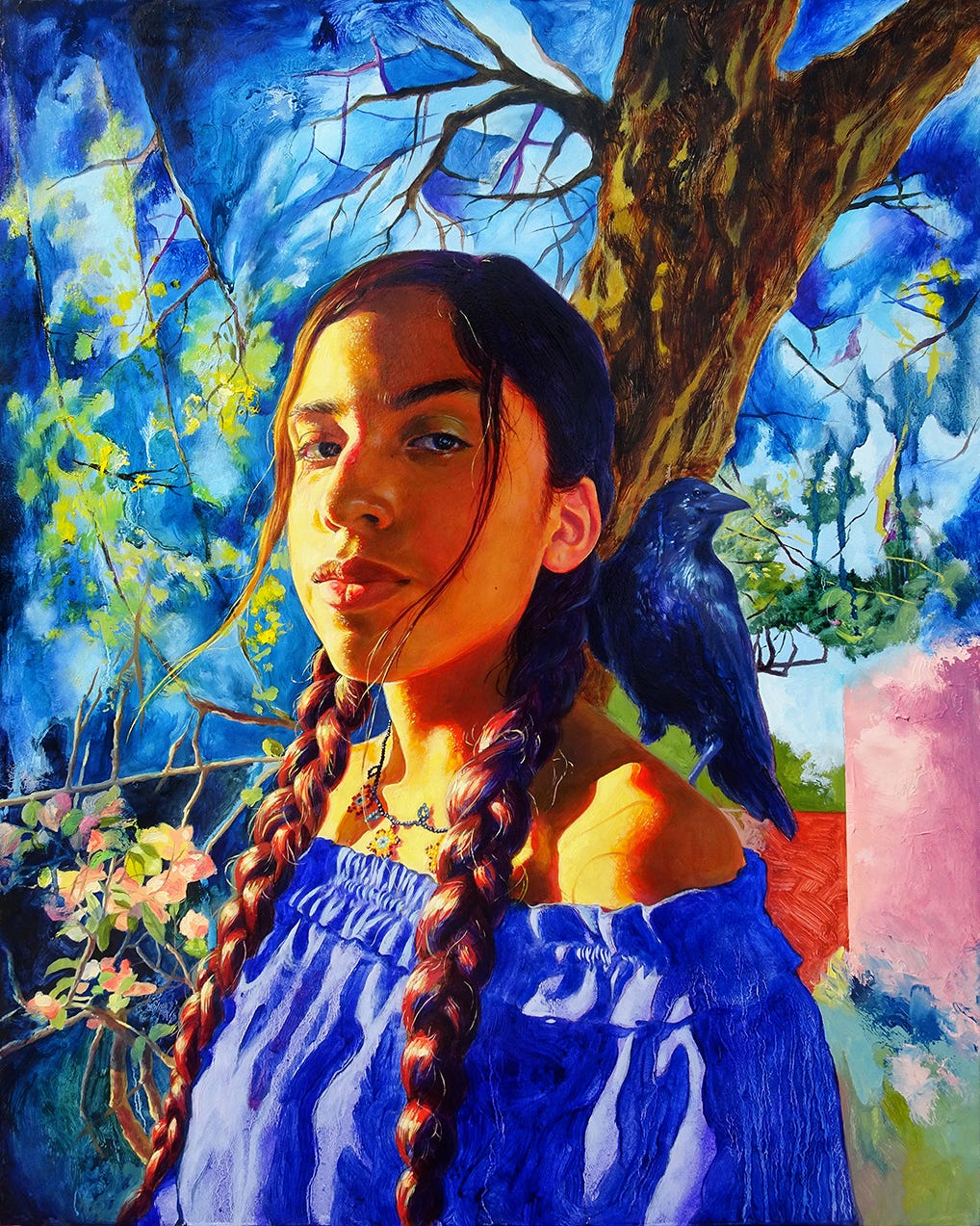 Painting of a young woman with braids, wearing a blue blouse, against a blue background with flowers and a tree