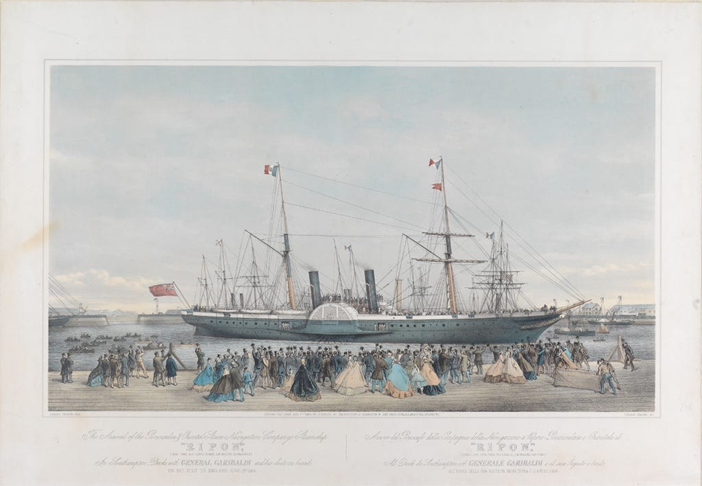 The Arrival of the Peninsular & Oriental Steam Navigation Company's Steamship Ripon... in Southampton Docks, with General Garibaldi... on his visit to England, April 3rd 1864. © National Maritime Museum, Greenwich, London.