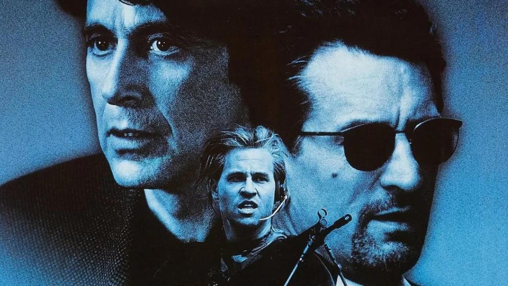 Al Pacino, Robert de Niro e Val Kilmer em arte do filme "Fogo contra fogo", de Michael Mann