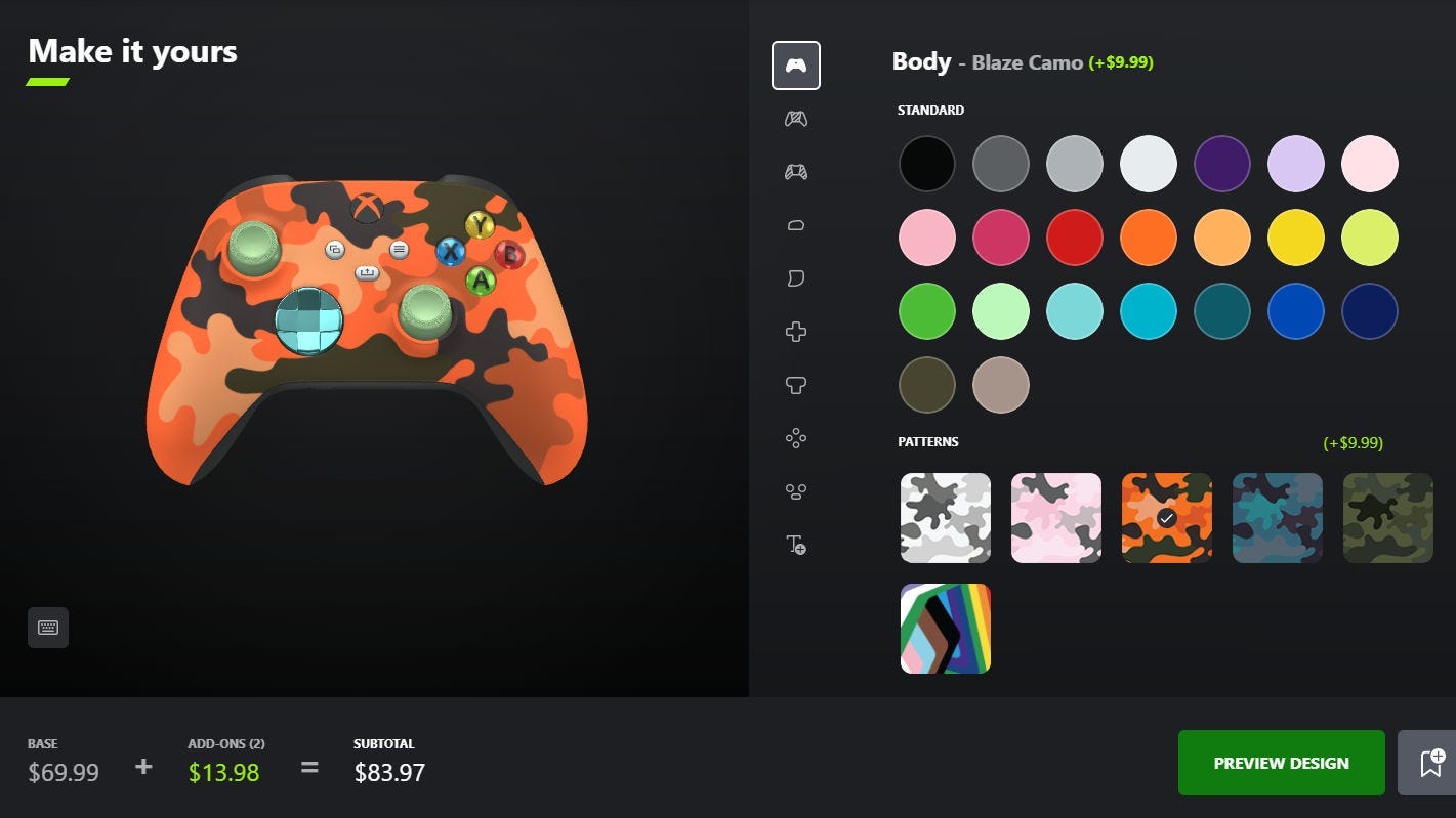 A screenshot of the Xbox Design Lab body color selection menu